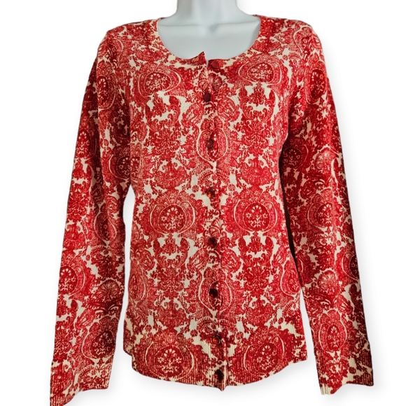 Talbots Sweaters - NWOT Talbots red & white paisley Merino wool cardigan sweater Womens Medium